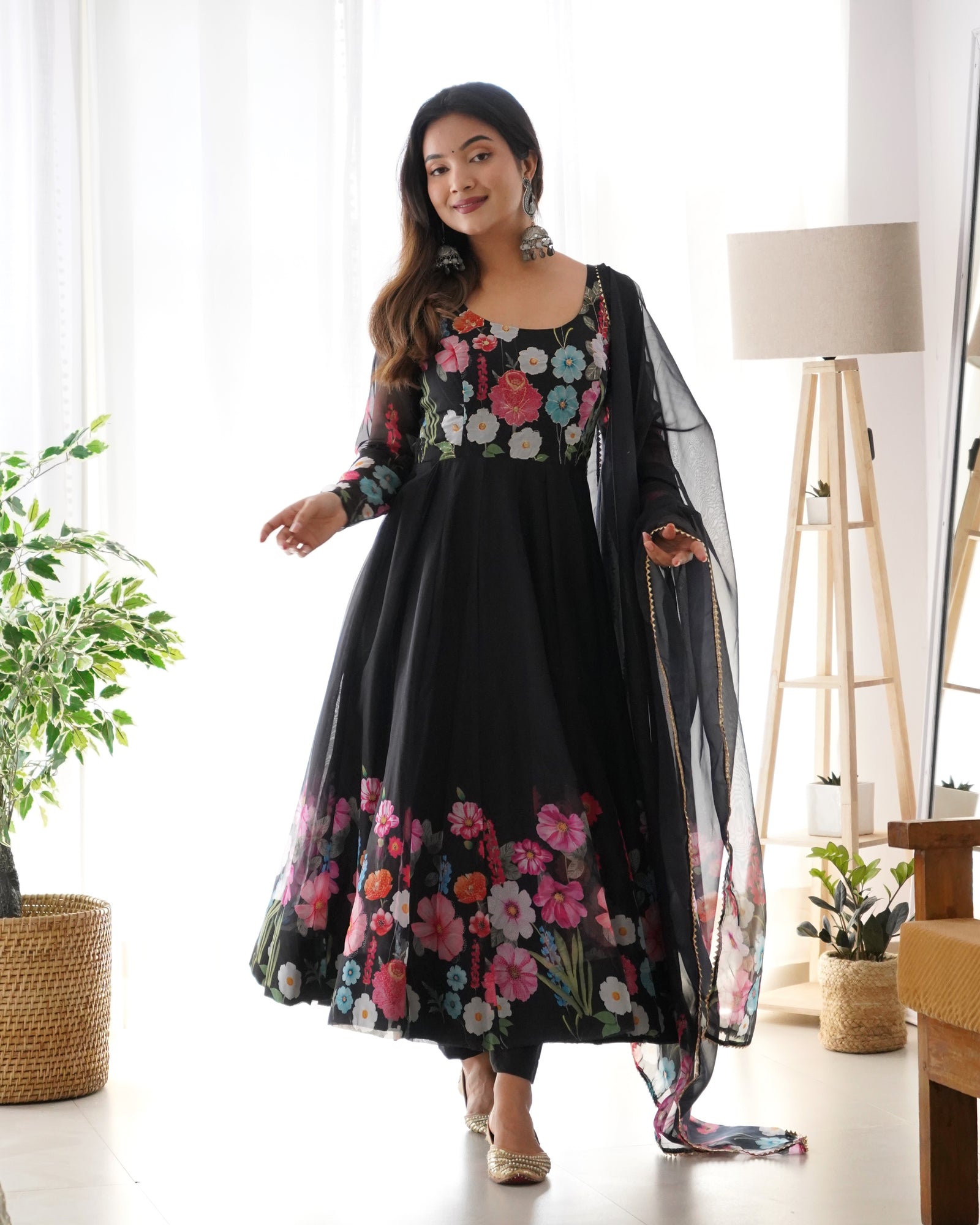 Black Color Floral Organza Anarkali Suit Set for Festivals & Weddings ClothsVilla