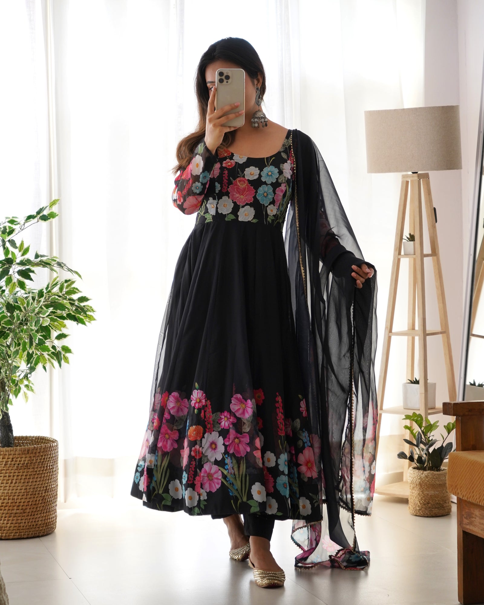 Black Color Floral Organza Anarkali Suit Set for Festivals & Weddings ClothsVilla