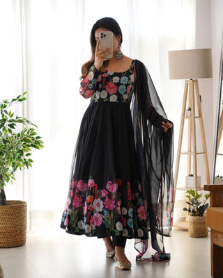 Black Color Floral Organza Anarkali Suit Set for Festivals & Weddings ClothsVilla