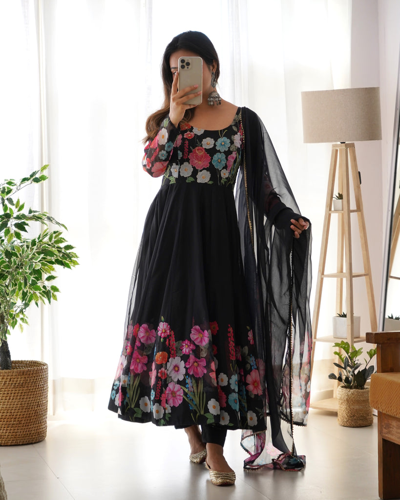 Black Color Floral Organza Anarkali Suit Set for Festivals & Black Color Floral Organza Anarkali Suit Set for Festivals &