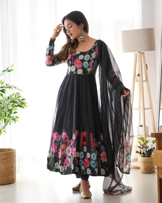 Black Color Floral Organza Anarkali Suit Set for Festivals & Weddings ClothsVilla