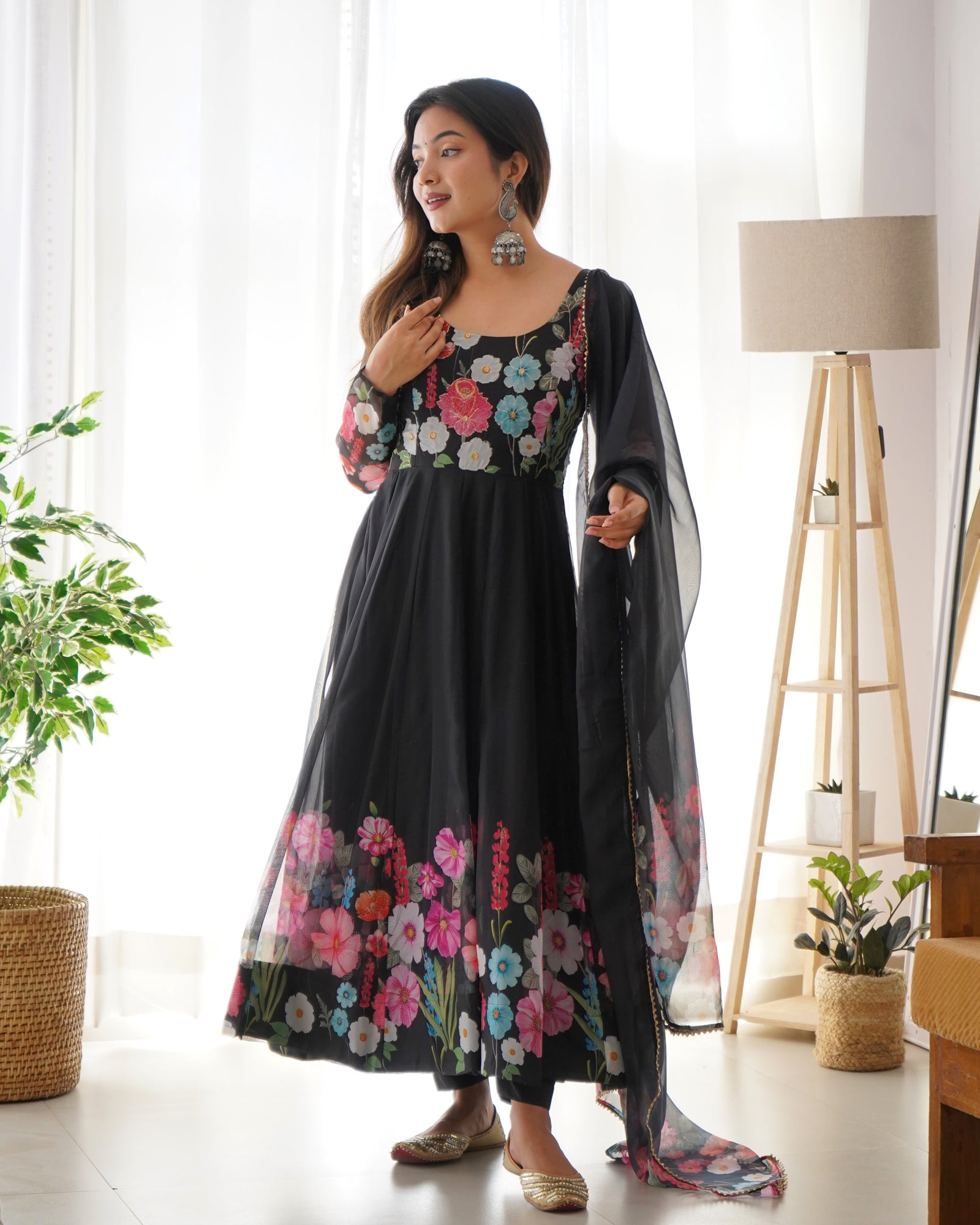 Black Color Floral Organza Anarkali Suit Set for Festivals & Weddings ClothsVilla