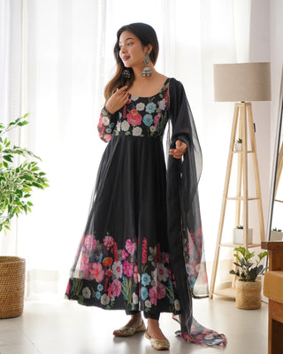 Black Color Floral Organza Anarkali Suit Set for Festivals & Weddings ClothsVilla