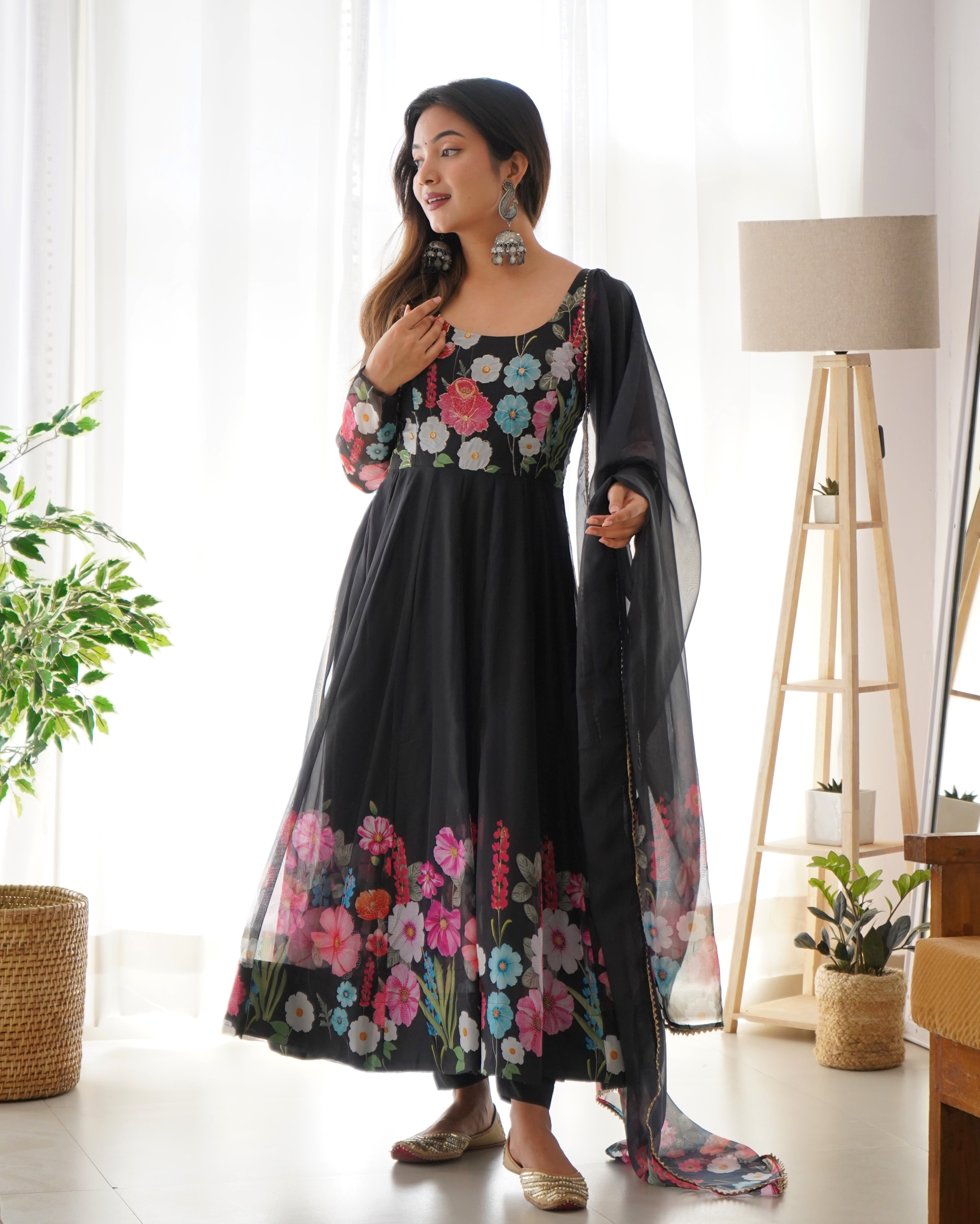 Black Color Floral Organza Anarkali Suit Set for Festivals & Weddings ClothsVilla
