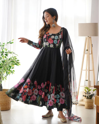 Black Color Floral Organza Anarkali Suit Set for Festivals & Weddings ClothsVilla