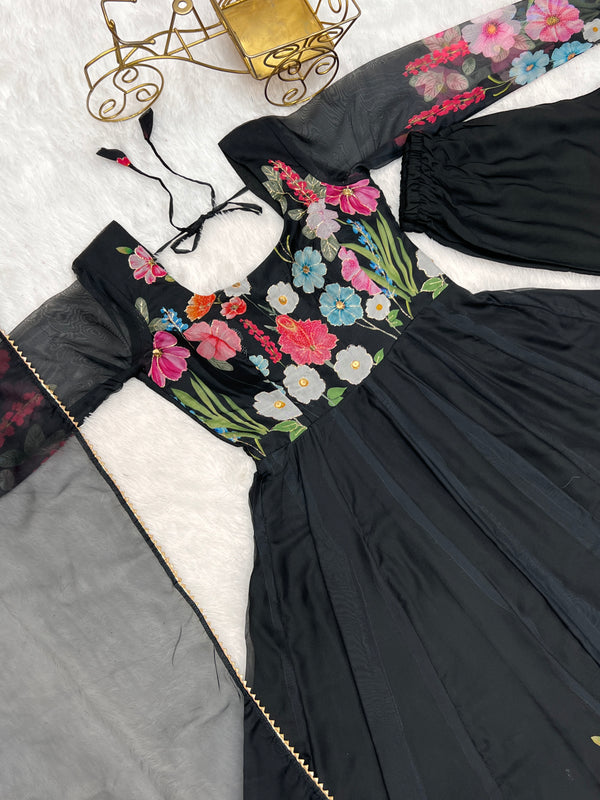 Black Color Floral Organza Anarkali Suit Set for Festivals & Weddings ClothsVilla