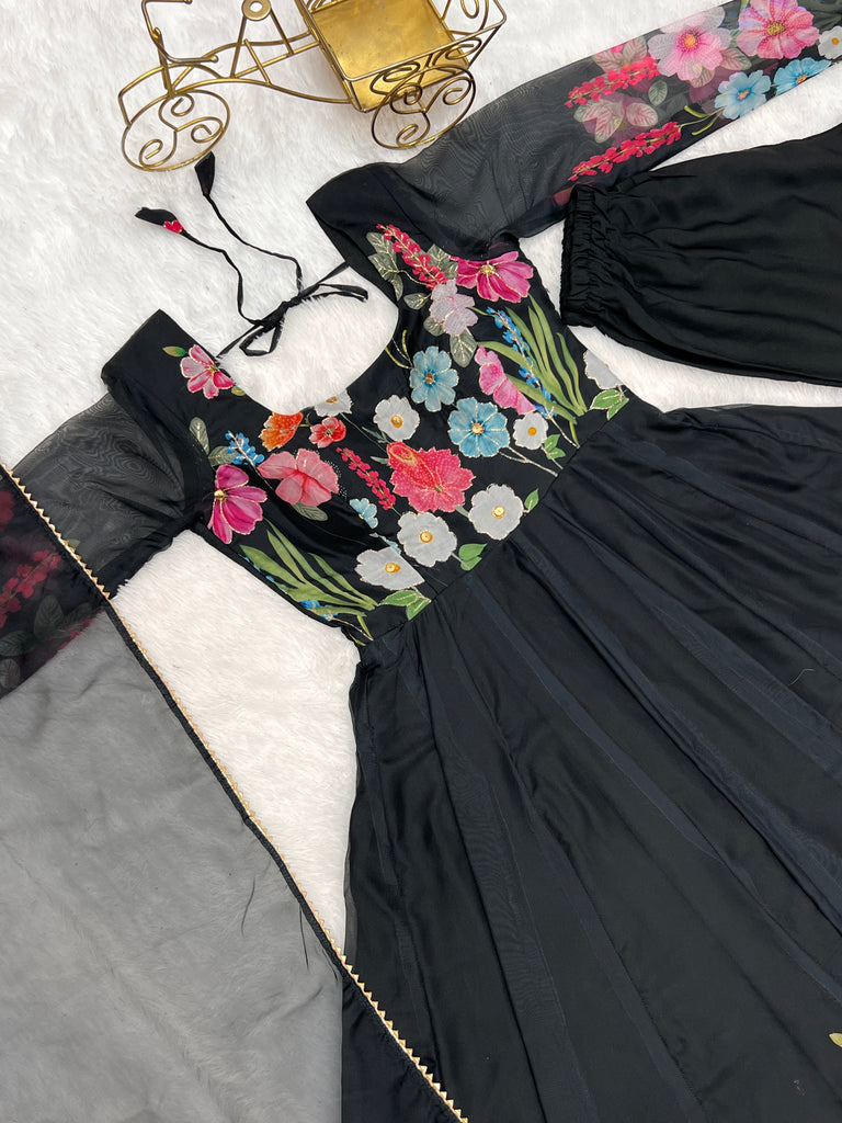 Black Color Floral Organza Anarkali Suit Set for Festivals & Weddings ClothsVilla