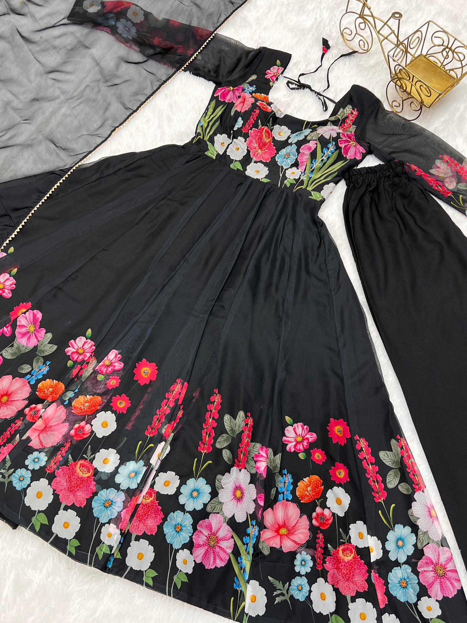 Black Color Floral Organza Anarkali Suit Set for Festivals & Weddings ClothsVilla