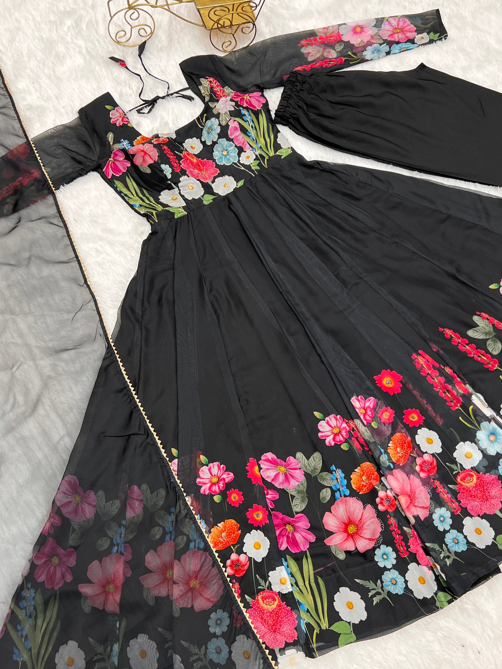Black Color Floral Organza Anarkali Suit Set for Festivals & Weddings ClothsVilla