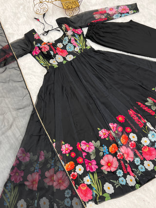 Black Color Floral Organza Anarkali Suit Set for Festivals & Weddings ClothsVilla