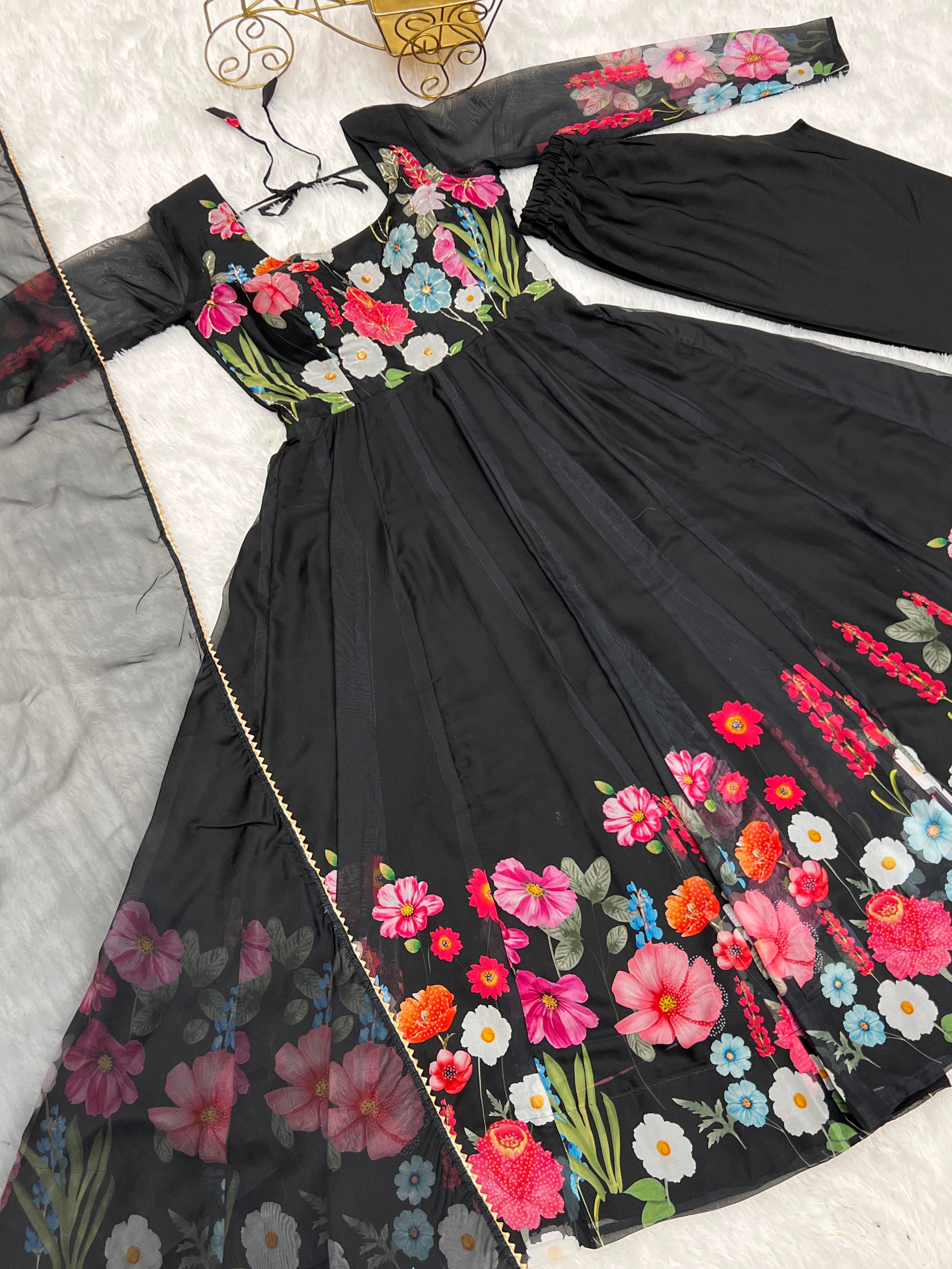 Black Color Floral Organza Anarkali Suit Set for Festivals & Weddings ClothsVilla