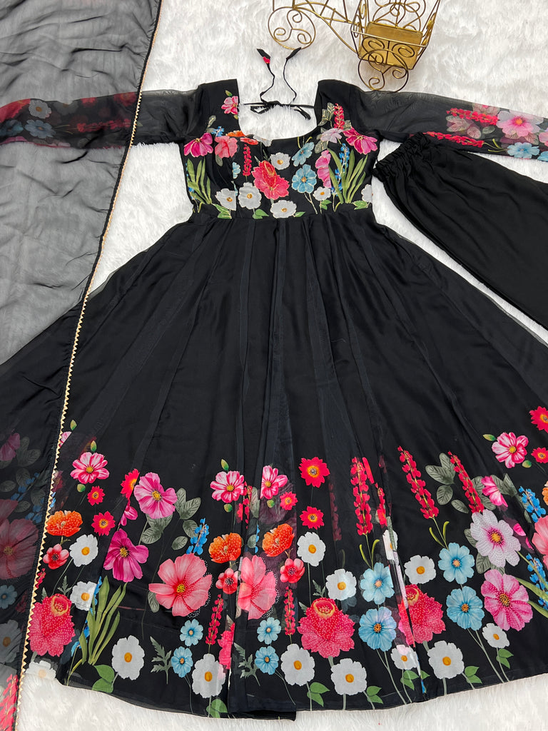 Black Color Floral Organza Anarkali Suit Set for Festivals & Weddings ClothsVilla