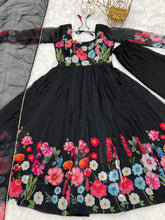 Load image into Gallery viewer, Black Color Floral Organza Anarkali Suit Set for Festivals &amp; Weddings ClothsVilla