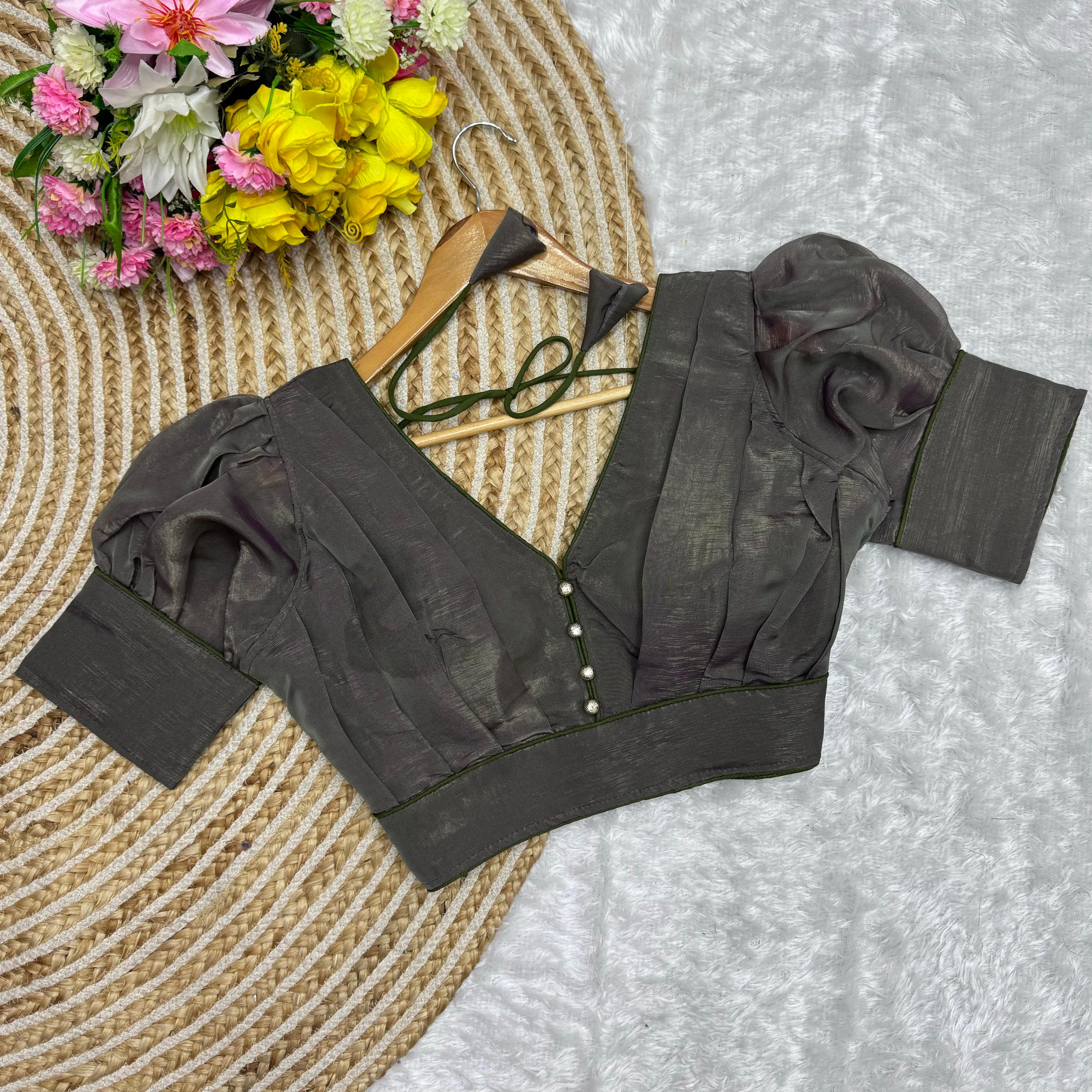 Black Color Metallic Jari Blouse with Ruffled Pattern and Balloon Sleeves ClothsVilla Main image