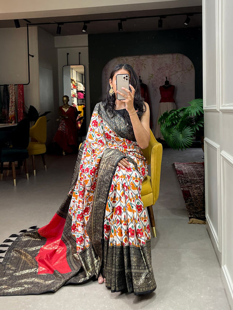 Black Color Patola Print with Foil Work Dola Silk Saree Clothsvilla Main image