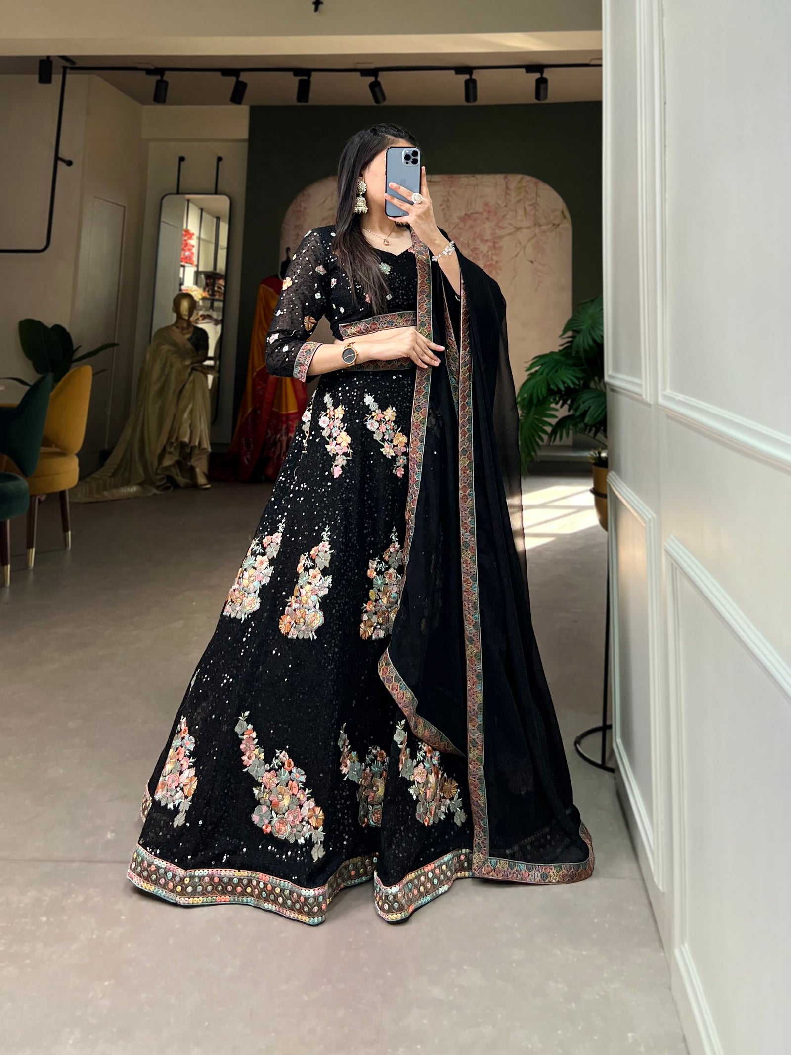 Black Color Sequins And Thread Embroidery Work Georgette Lehenga Choli Clothsvilla