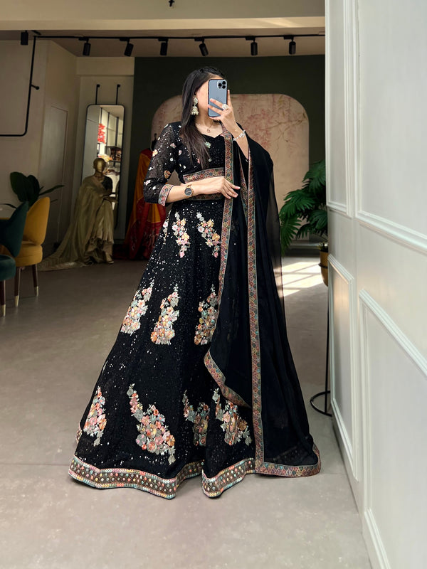 Black Color Sequins And Thread Embroidery Work Georgette Lehenga Choli Clothsvilla