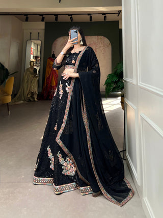 Black Color Sequins And Thread Embroidery Work Georgette Lehenga Choli Clothsvilla