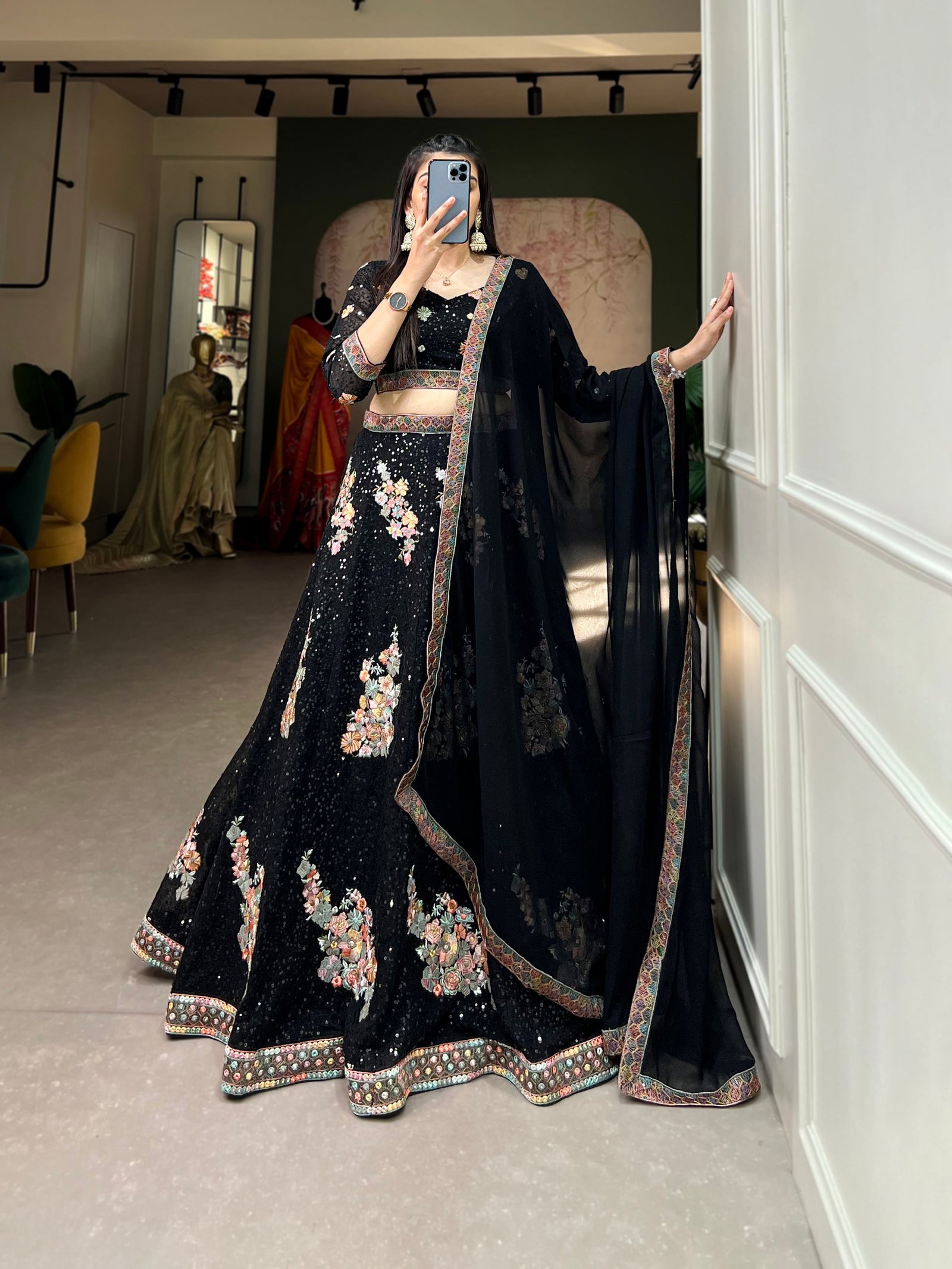 Black Color Sequins And Thread Embroidery Work Georgette Lehenga Choli Clothsvilla