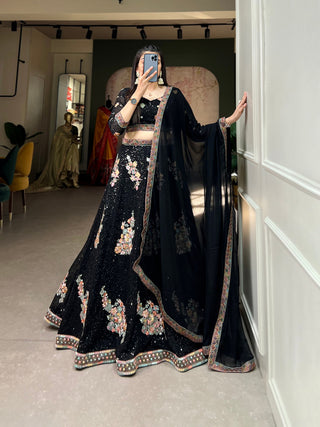 Black Color Sequins And Thread Embroidery Work Georgette Lehenga Choli Clothsvilla