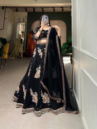 Black Color Sequins And Thread Embroidery Work Georgette Lehenga Choli Clothsvilla