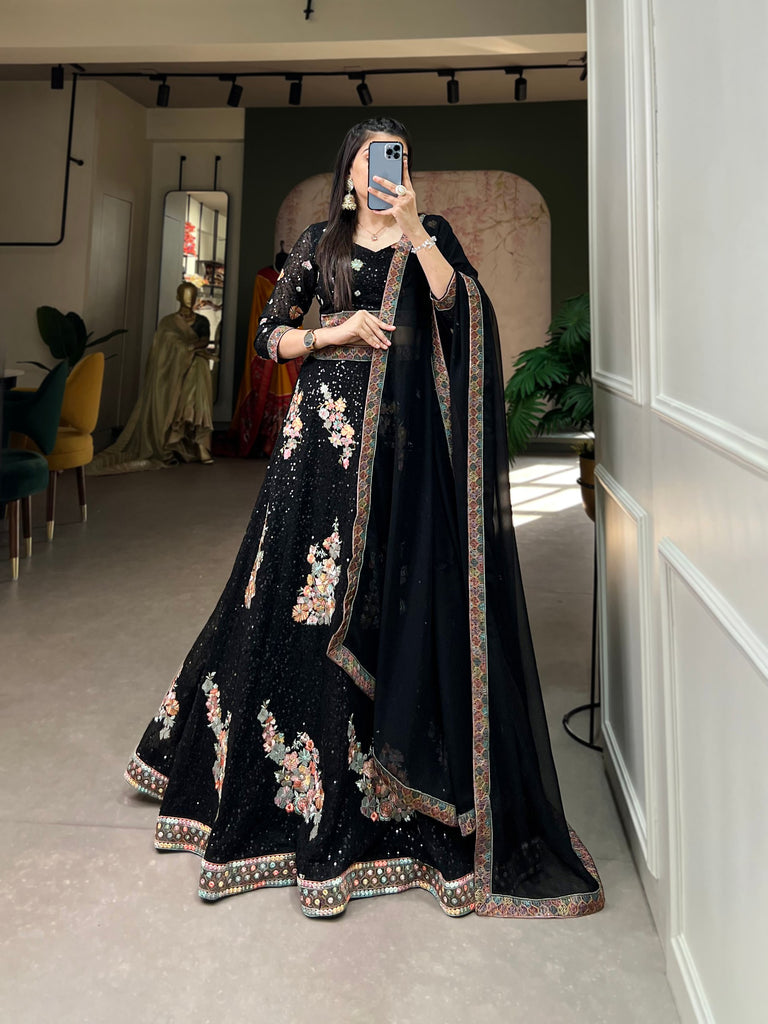 Black Color Sequins And Thread Embroidery Work Georgette Lehenga Choli Clothsvilla
