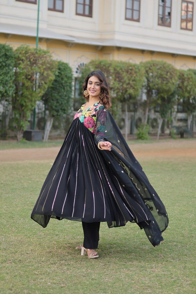 Black Color Stunning Premium Readymade Alia Cut Kurti, Pant & Dupatta Set in Viscose & Art Silk ClothsVilla