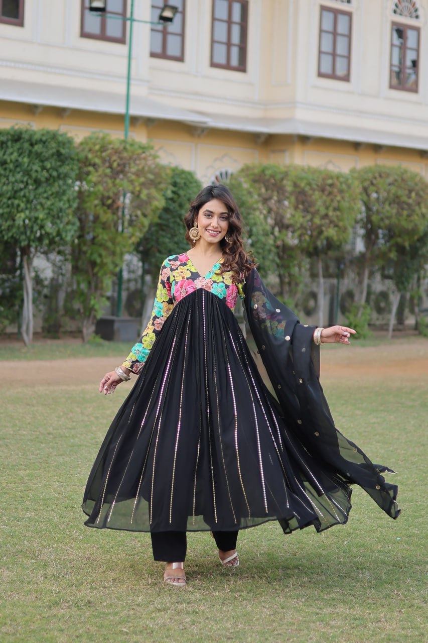 Black Color Stunning Premium Readymade Alia Cut Kurti, Pant & Dupatta Set in Viscose & Art Silk ClothsVilla