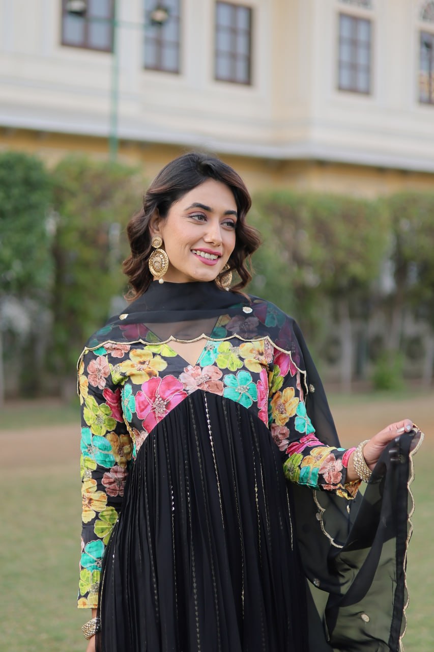 Black Color Stunning Premium Readymade Alia Cut Kurti, Pant & Dupatta Set in Viscose & Art Silk ClothsVilla