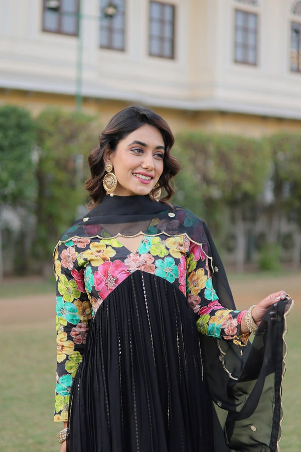 Black Color Stunning Premium Readymade Alia Cut Kurti, Pant & Dupatta Set in Viscose & Art Silk ClothsVilla