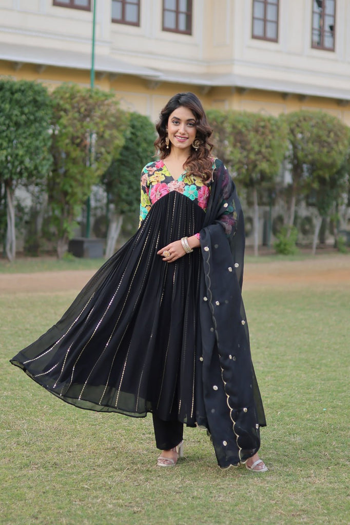 Black Color Stunning Premium Readymade Alia Cut Kurti, Pant & Dupatta Set in Viscose & Art Silk ClothsVilla