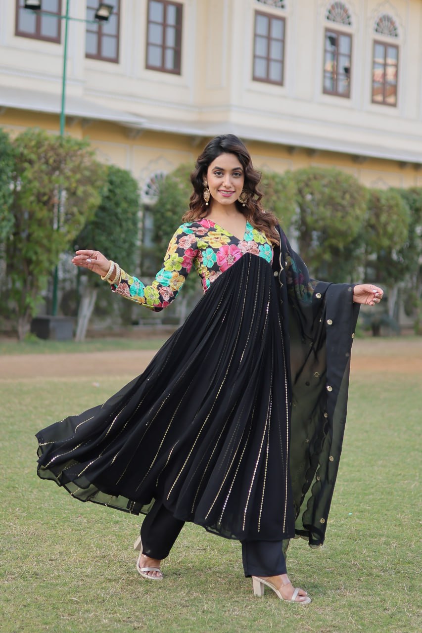 Black Color Stunning Premium Readymade Alia Cut Kurti, Pant & Dupatta Set in Viscose & Art Silk ClothsVilla