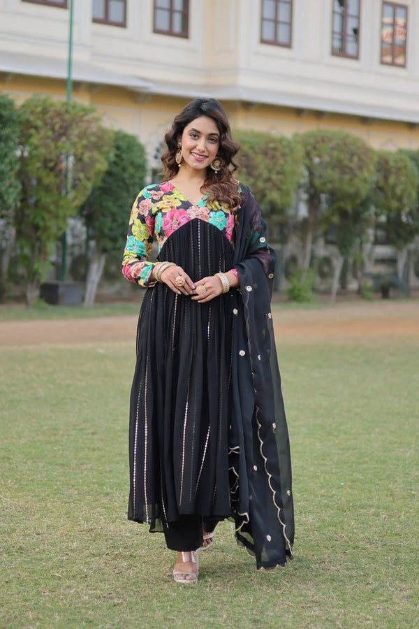 Black Color Stunning Premium Readymade Alia Cut Kurti, Pant & Dupatta Set in Viscose & Art Silk ClothsVilla