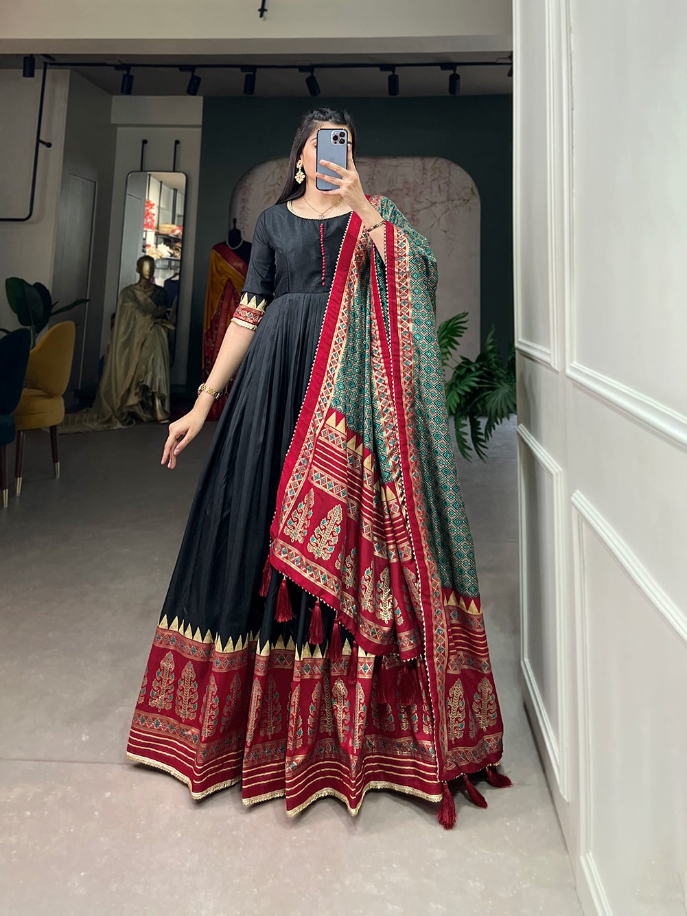 Black Color Tussar Silk Printed Gown with Dupatta - Contemporary Elegance ClothsVilla