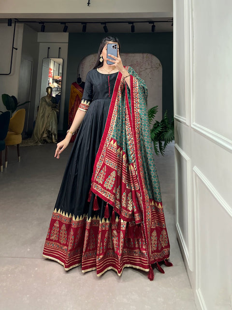 Black Color Tussar Silk Printed Gown with Dupatta - Contemporary Elegance ClothsVilla Main image