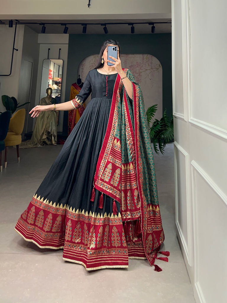 Black Color Tussar Silk Printed Gown with Dupatta - Contemporary Elegance ClothsVilla