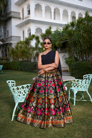 Black Color Weaving Zari Work Banarasi Silk Co-ord Set Lehenga With Georgette Choli Clothsvilla