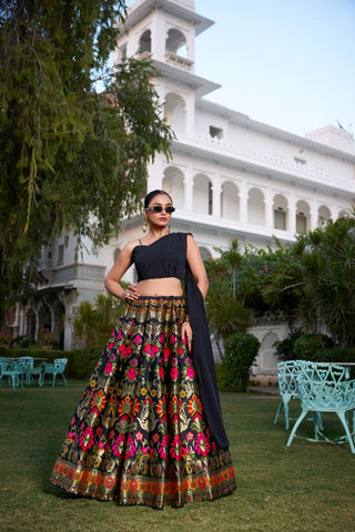 Black Color Weaving Zari Work Banarasi Silk Co-ord Set Lehenga With Georgette Choli Clothsvilla