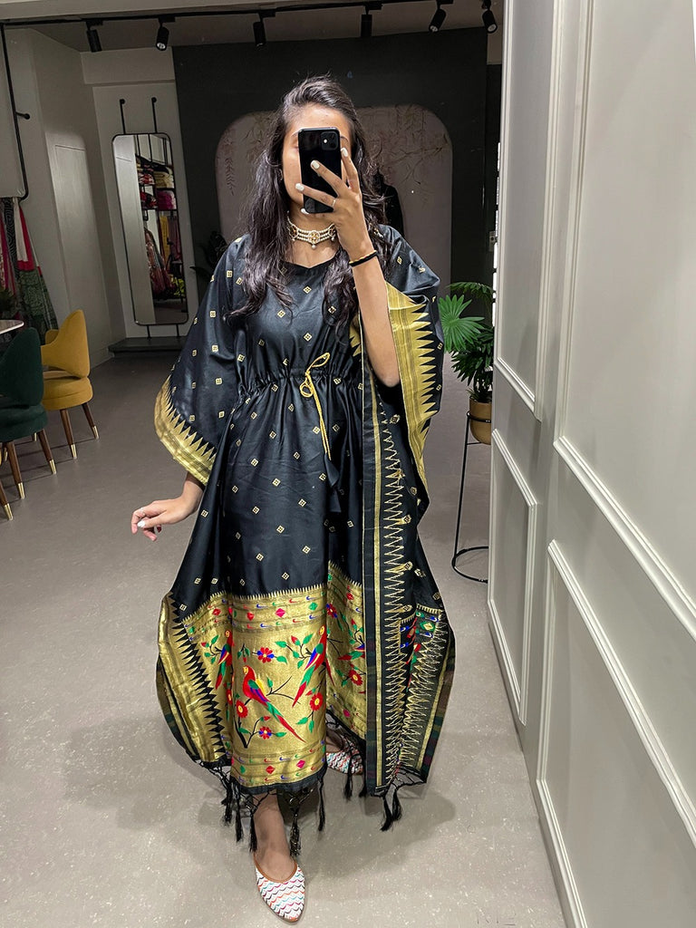 Black Color Weaving Zari Work Jacquard Paithani Kaftan Dress Black Color Weaving Zari Work Jacquard Paithani Kaftan Dress
