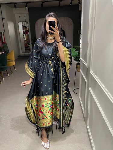 Black Color Weaving Zari Work Jacquard Paithani Kaftan Dress Clothsvilla