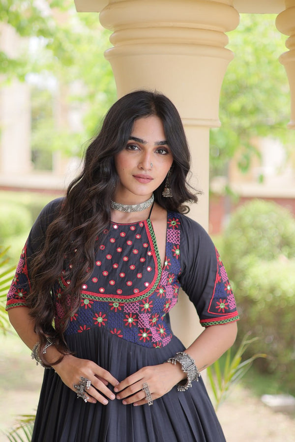 Black Cotton Gown with Real Mirror Work ClothsVilla