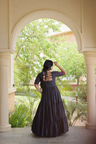 Black Cotton Gown with Real Mirror Work ClothsVilla