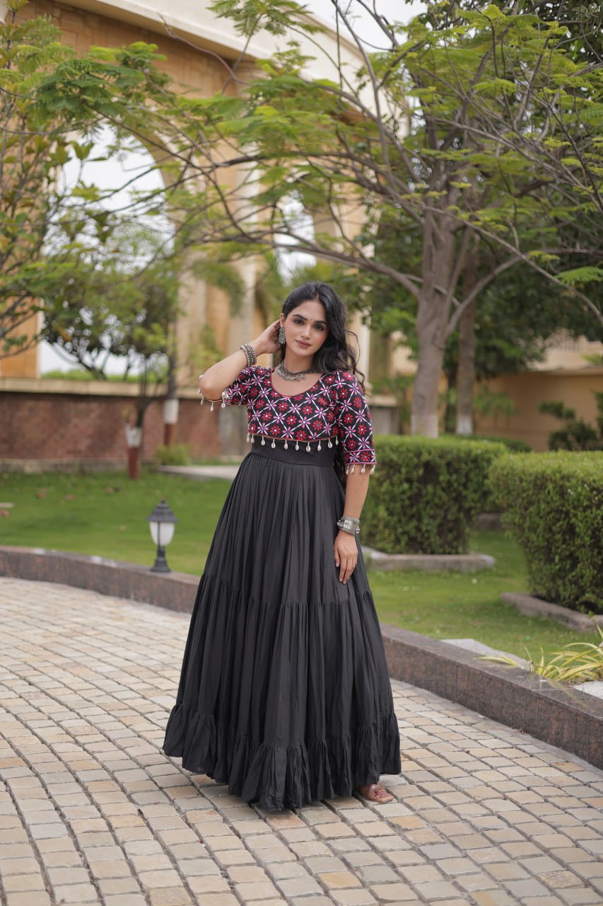 Black Cotton Gown with Real Mirror Work ClothsVilla