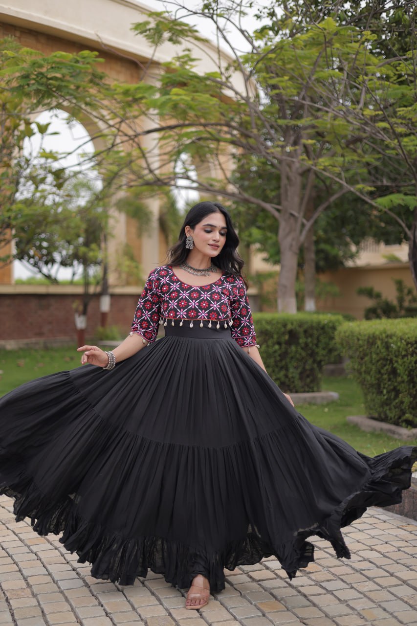 Black Cotton Gown with Real Mirror Work ClothsVilla