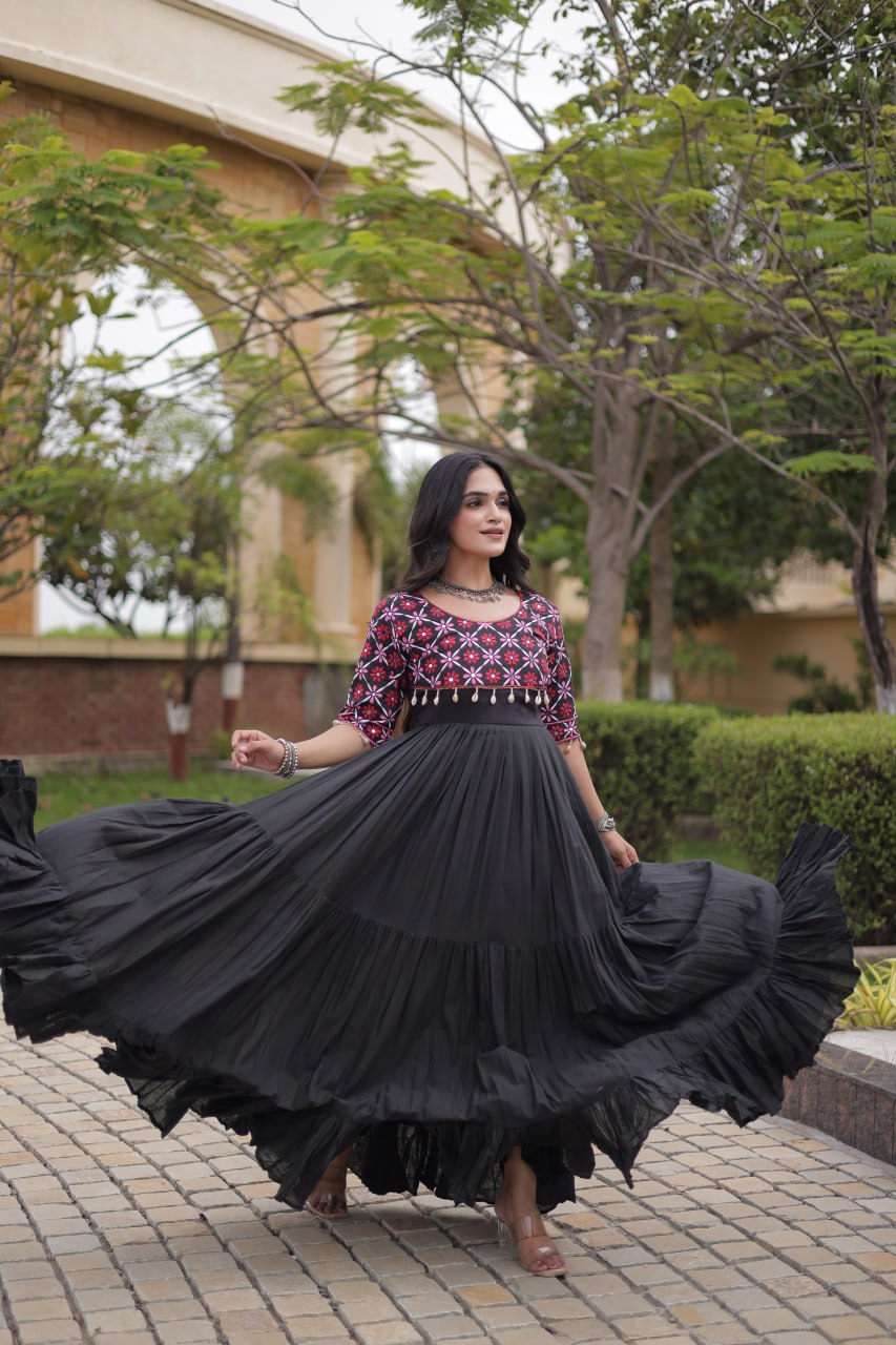 Black Cotton Gown with Real Mirror Work ClothsVilla