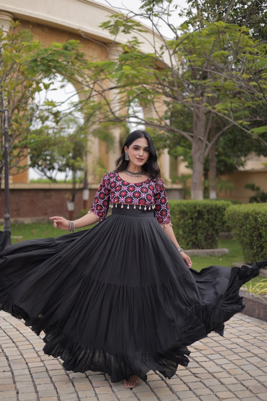 Black Cotton Gown with Real Mirror Work ClothsVilla