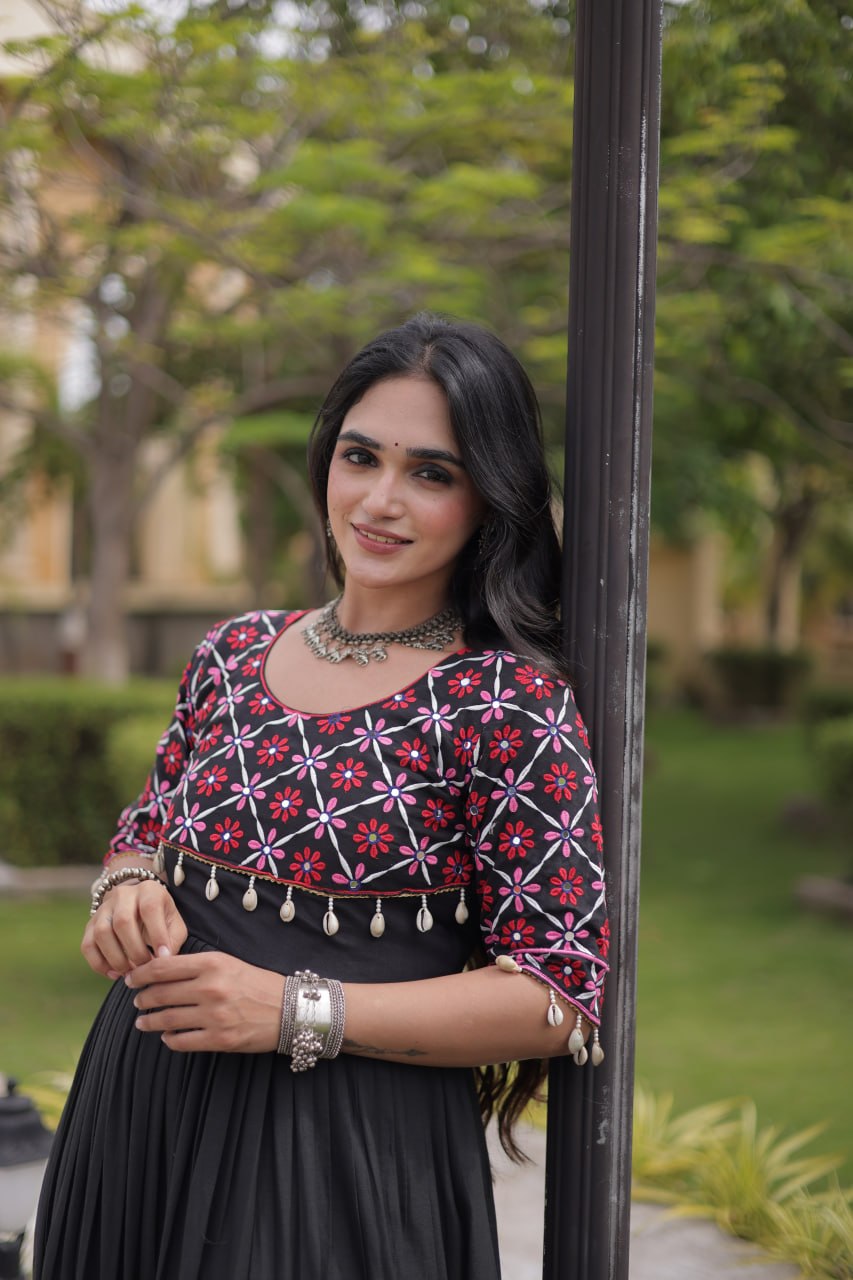 Black Cotton Gown with Real Mirror Work ClothsVilla