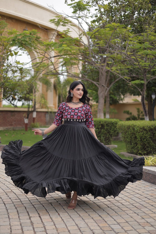 Black Cotton Gown with Real Mirror Work ClothsVilla