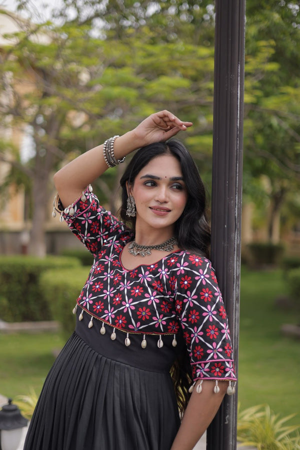 Black Cotton Gown with Real Mirror Work ClothsVilla