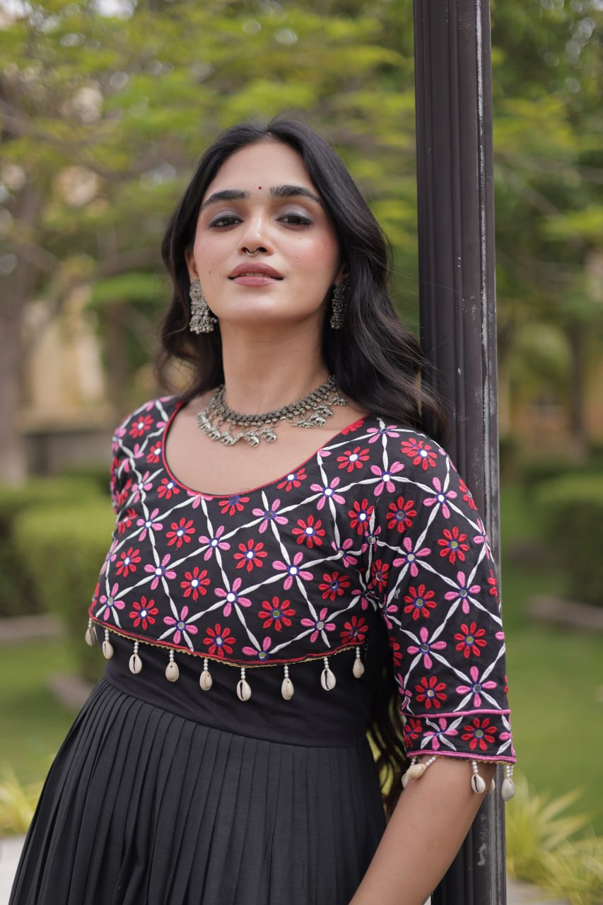 Black Cotton Gown with Real Mirror Work ClothsVilla